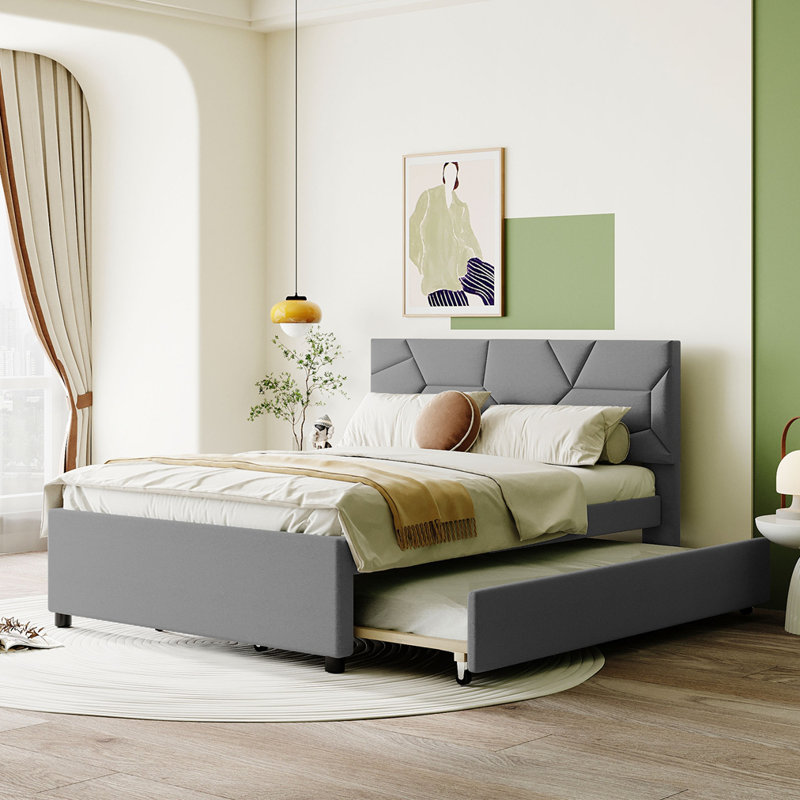 Lit plateforme tapissier avec lit gigogne, gris, Double