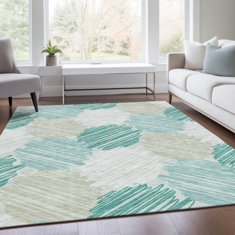 Tapis bleu sarcelle lavable à la machine intérieur / extérieur Xhevrie, Rectangle 5 pi x 7 pi 6 po