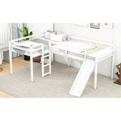 Lit mezzanine en forme de L avec glissade, blanc - Espace de vie agréable en forme de L pour économiser de l'espace dans la chambre
