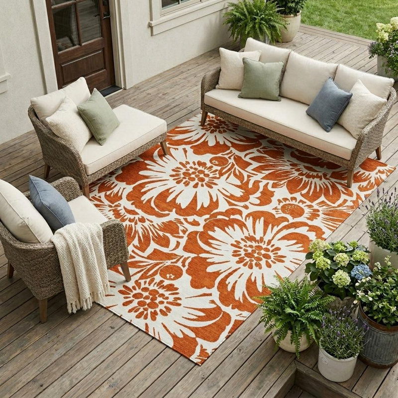 Tapis extérieur lavable antidérapant à motif floral rouille et ivoire 10 pi x 14 pi