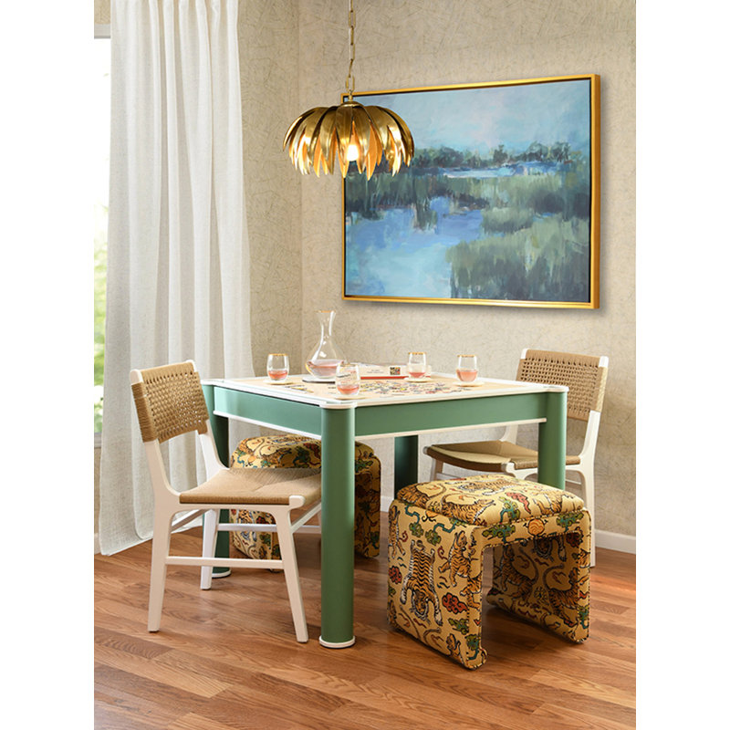 Square Two Drawer Round Leg Game Table In Matte Green Lacquer With Matte White Lacquer Edging