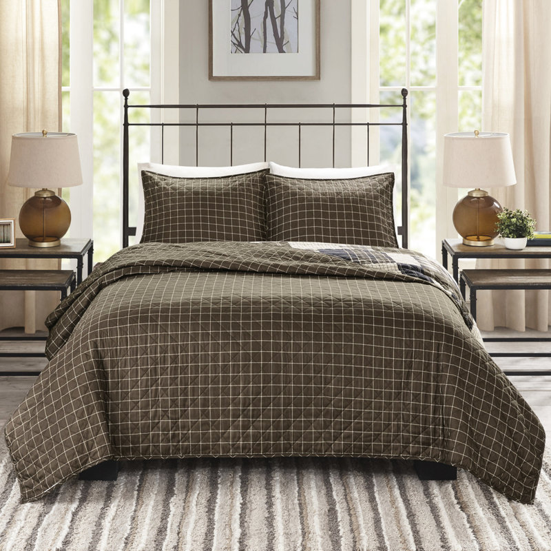 Courtepointe - 3 pièces, réversible, noir / brun, surface en microfibre, pièce en bois matelassé à motif de canaux, taies décoratives à fermeture à glissière,