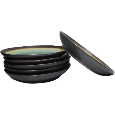 Pack Of 6 Green Crackle Midori Kannyu Ceramic Wavy Round Dinner Plates 9.5"D
