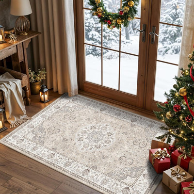 Tapis d'entrée lavable: Tapis de couloir de cuisine de style campagnard large tapis de sol doux et résistant à l'eau pour salle de bain, tapis antidérapant pour salon, chambre à coucher, salle à manger (beige)