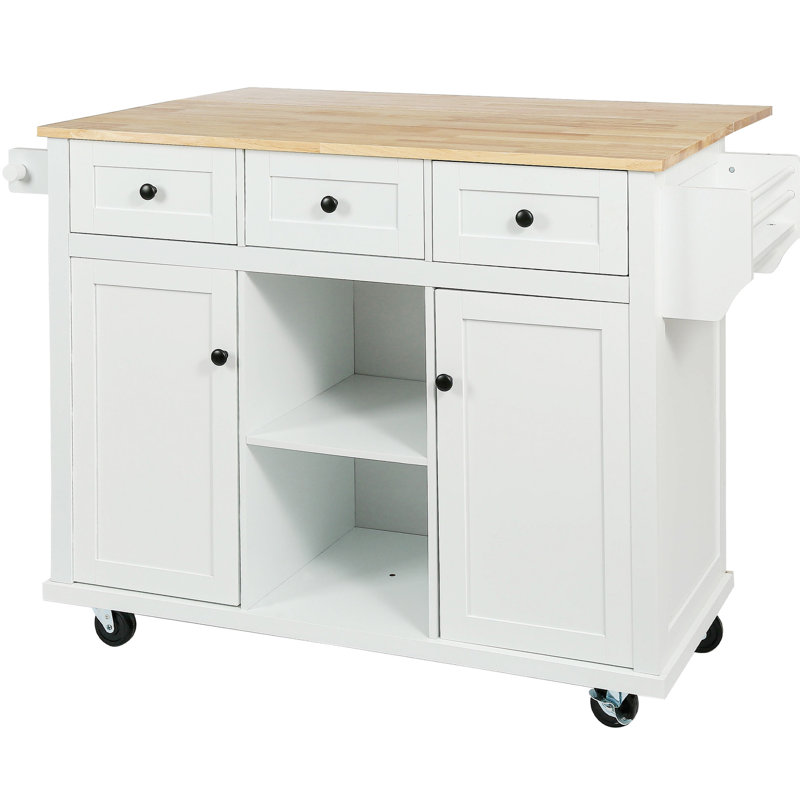 Îlot de cuisine efficace avec rangement pour armoire et chariot à tablettes amovibles 4 pieds en bois massif et abattant, blanc