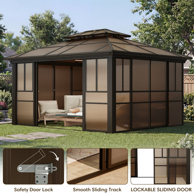 12 X 14 Ft Sunroom Kit,  All-Weather Solarium Gazebo With Detachable Windows & Lockable Door, 114" H x 168" W x 144" D