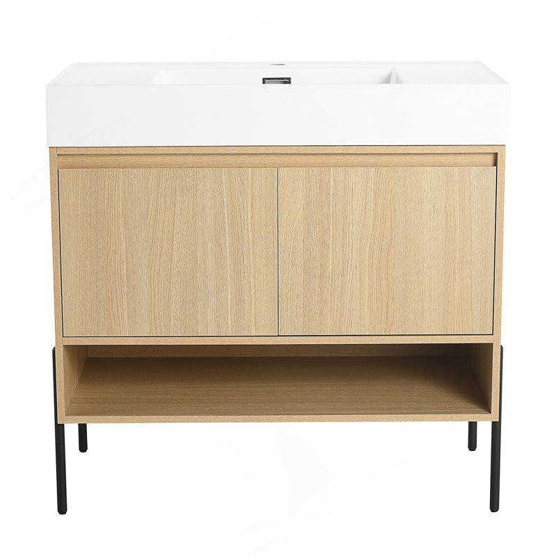 Ensemble de meuble-lavabo 36 po avec lavabo simple en résine, ensemble d'armoires de rangement modernes 2 portes, bois massif multicouche