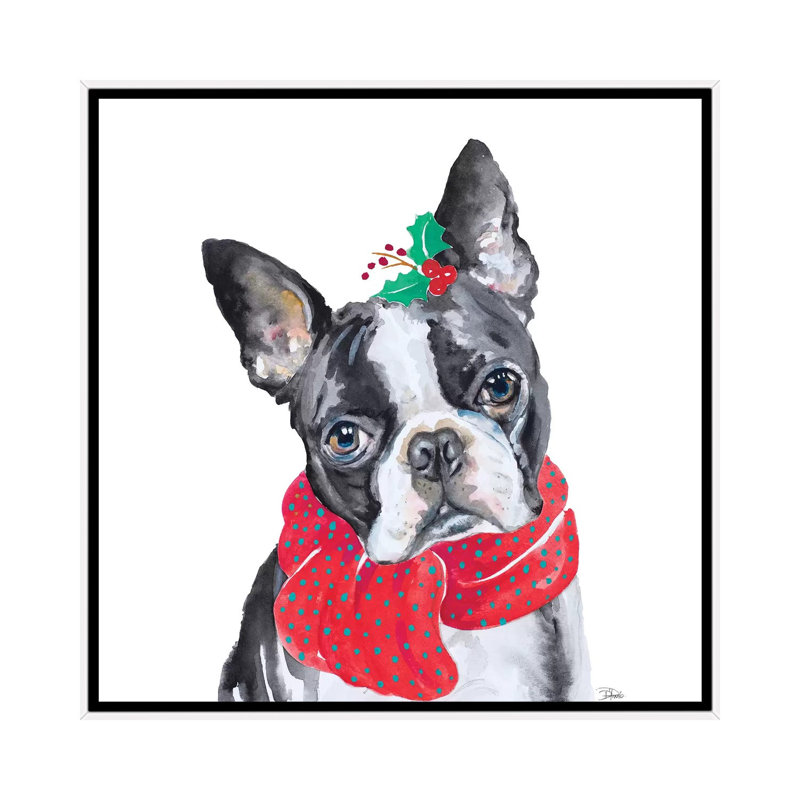 "Holiday Dog II" par Patricia Pinto, reproduction d’art, H 26 po x l 26 po x P 1,5 po, Toile blanche encadrée, Pas de tapis