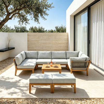Ensemble de conversation modulaire d'extérieur en teck avec coussins 9 pièces Rosanne