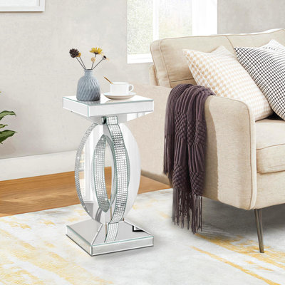 Silver Mirrored End Table With Crystal Inlay, Modern Side Accent Table, Small Mirrored Coffee Table For Living Room, Bedroom 12"x12"x24"