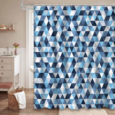 Triangle Gray White Triangles Blue Shower Curtain with 12 Hooks