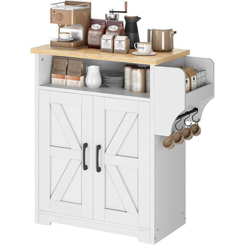 Armoire-bar Farmhouse - Îlot de cuisine avec rangement, buffet avec tablette flottante et crochets pour la cuisine ou le salon, blanc et naturel