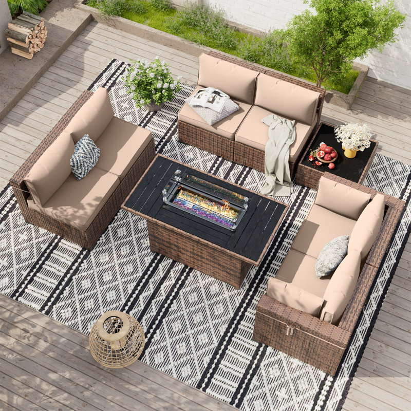 Ensemble de conversation modulaire en rotin Babak avec foyer et table basse, Kaki, 6