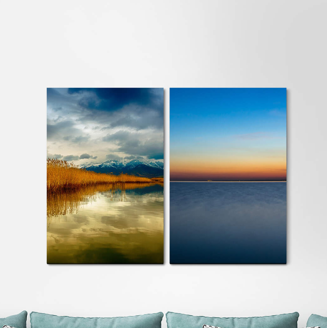 2-tlg. Leinwandbilder-Set - Grafikdruck „Mountains Sea Horizon Nature Untouched Beautiful Still”