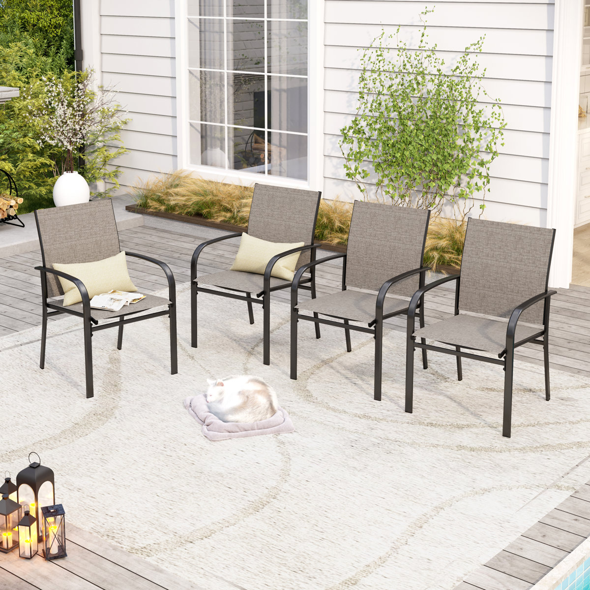 Set of 4 Lark Manor Salem Powder-coated Steel Outdoor Dining Armchair (Brown)