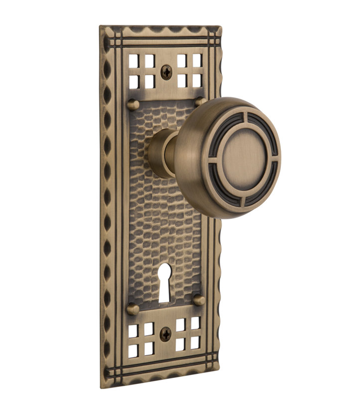 Craftsman Plate with Decorative Keyhole and Mission Door Knob, Antique Brass
