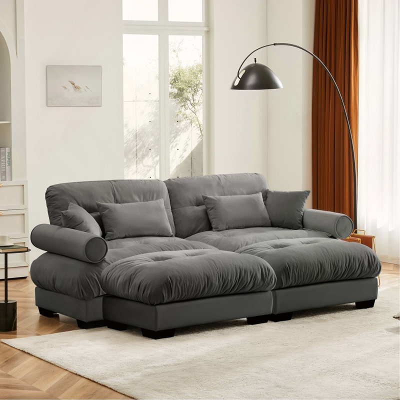 Canapé moderne à 2 places avec 2 repose-pieds et coussins, Gris