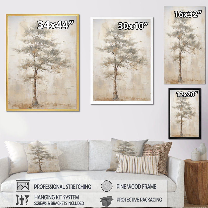 «Beige Tree Pine Zen Scenery III», reproduction d'art sur toile, Toile tendue, H 32 po x l 16 po x P 1 po