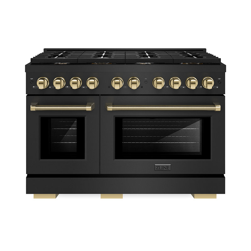 ZLINE Autograph 48 in. Paramount Gas Range in Black Stainless Steel with Gold Helix Handles, Polished Gold