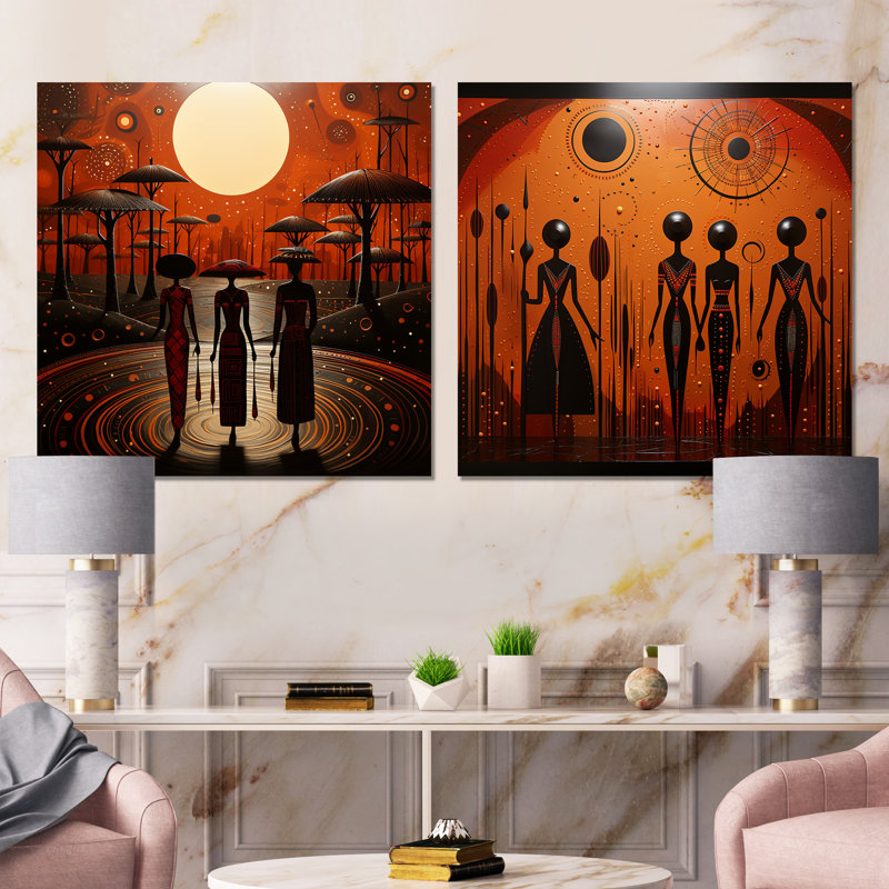 «African Soulful» - Ensemble de 2 collages carrés de paysages abstraits, H 16 po x l 33 po, Toile tendue