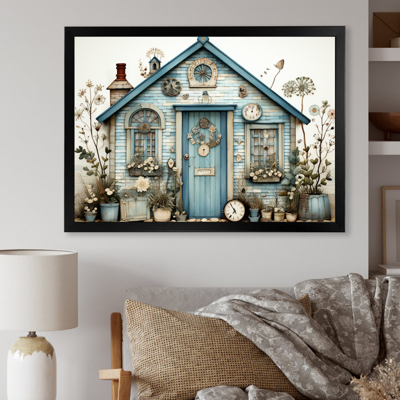 «Blue Beach House Collage Tranquility», art mural sur toile, Cadre d'angle fermé noir, H 34 po x l 44 po x P 1,5 po