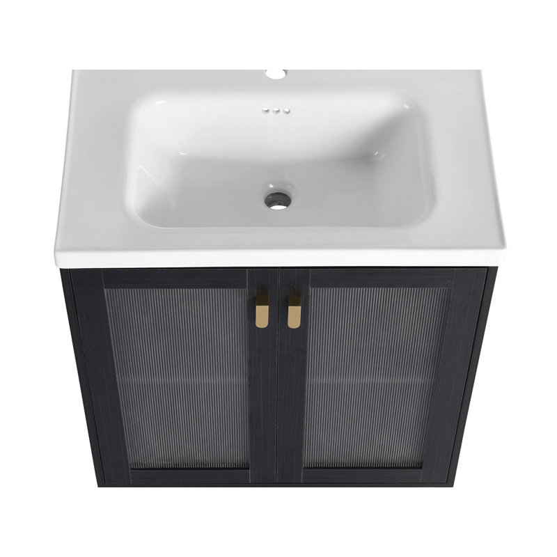 Contreplaqué de meuble-lavabo autoportant avec lavabo en céramique, porte à fermeture douce, robuste et durable