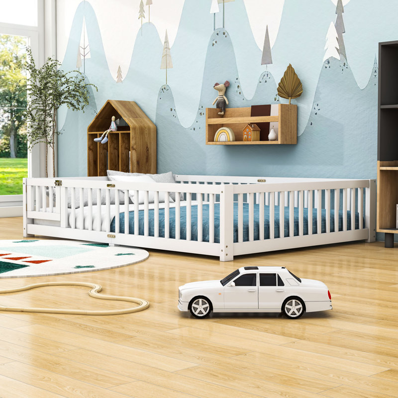 Wood Floor Bed With Slats And Door And Rails, White, Queen