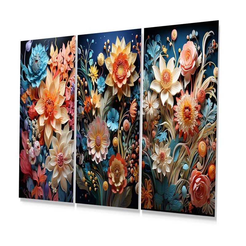 Papier coloré botanique artistique - ensemble de 3 fleurs murales en métal, H 28 po x l 36 po