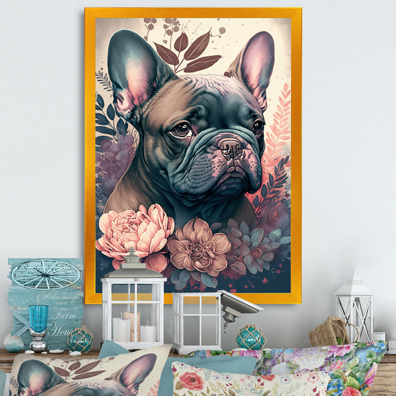 «Cute Frenchie Floral II», impression sur toile, Cadre photo doré, H 32 po x l 16 po x P 1 po