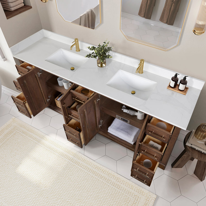 Friedliese 84" Double Bath Vanity with Silk White Quartz Stone Top, Aged Dark Brown Oak