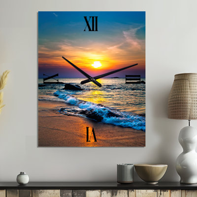 Bright Sunset Of Waves Breaking At The Shore - Beach Metal Wall Clock