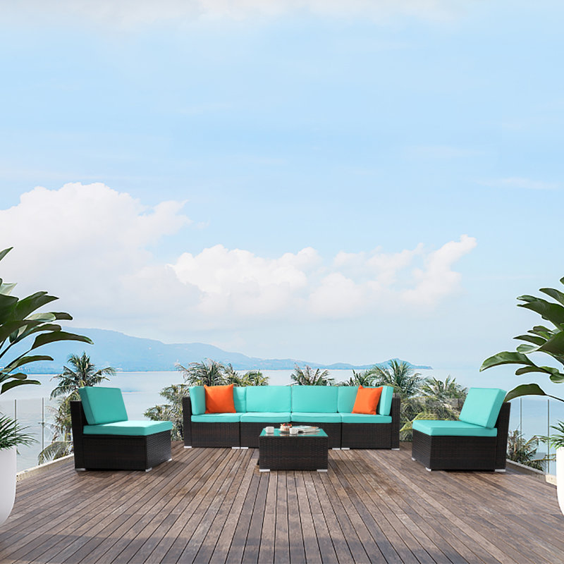 Aldebaran Wicker 6 - Person Modular Patio Conversation Set with Cushions, Brown Frame/Lake Blue