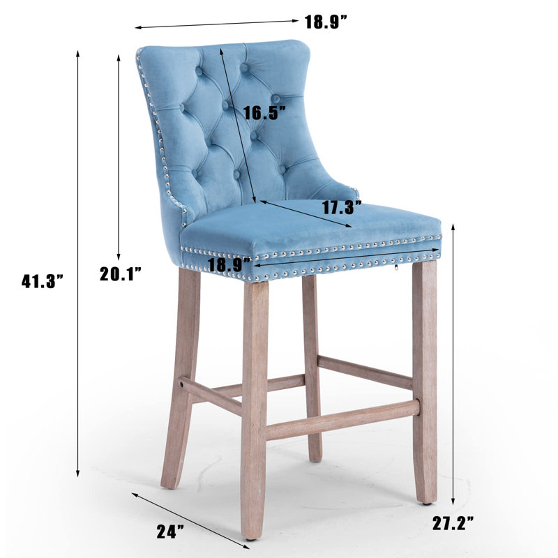 Sky Blue Velvet Upholstered Counter Stools with Wood Legs, Set of 4