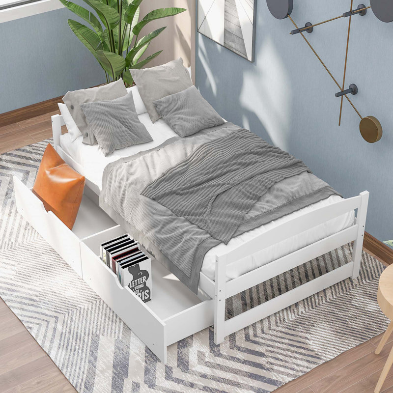 Twin size platform bed, with two drawers, White