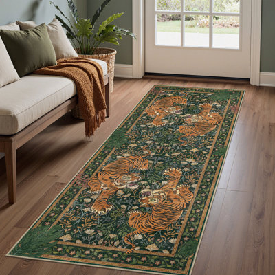 Teiarra Vintage Machine Washable Fighting Tigers / Forest Green Indoor Area Rug With Non-Slip Backing