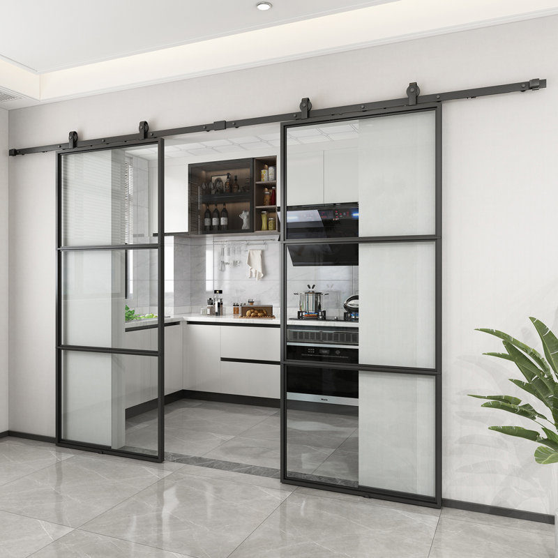 Porte de grange coulissante double en métal et en verre transparent avec ensemble de quincaillerie d'installation JUBEST, 2 ensembles de portes