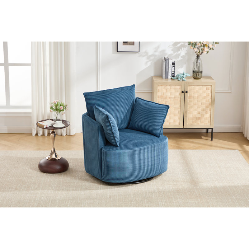 Fauteuil pivotant rond à 360° bleu, structure robuste en bois massif et métal, idéal pour un coin lecture ou un bureau, profondeur 34,51 cm, largeur 31,83 cm, hauteur 35,64 cm, pivotement sur toute la longueur, piètement en cadre, convient pour une chambre d'enfant.