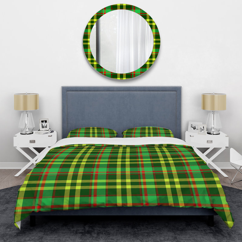 Green And Black Checked Tartan Polyester Plaid Duvet Cover, Twin Duvet Cover + 1 Standard Sham
