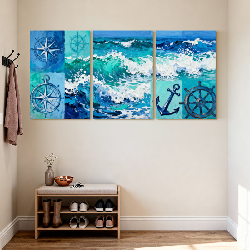 Nautique et plage, océan, vagues, boussole, ancre, bateau, roue, ensemble de 3 impressions sur toile, H 30 po x l 60 po