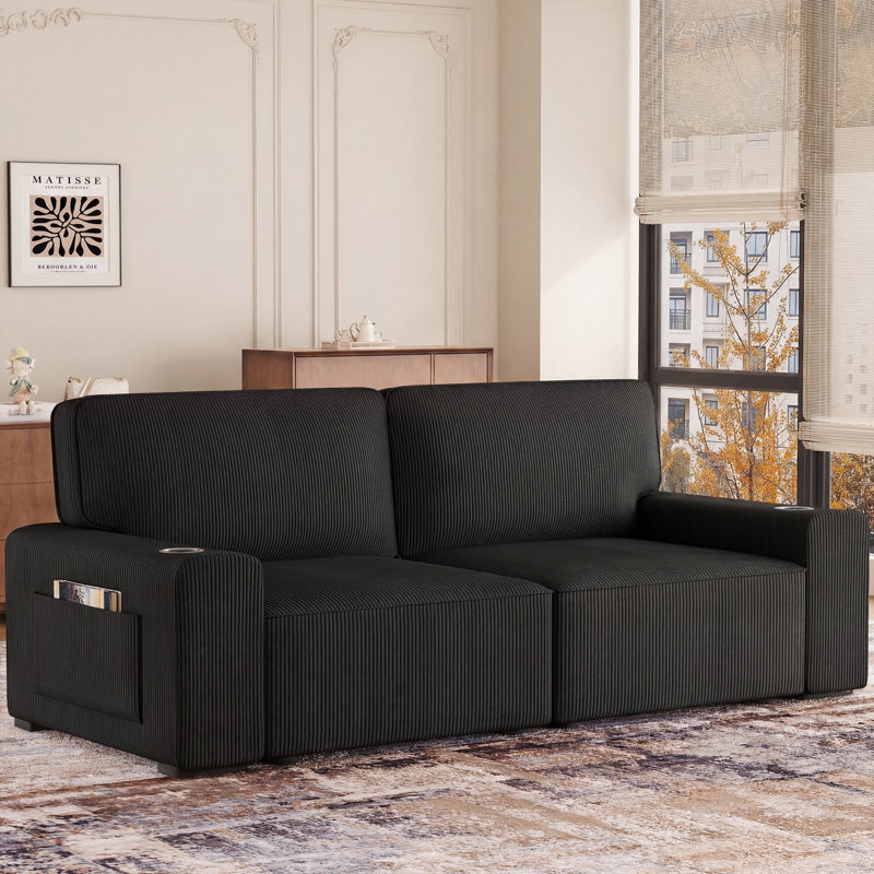 Modern 220CM 3-Seater Corduroy Sofa With Ultra-Wide Square Armrests, Cup Holders and Storage Pockets, Black