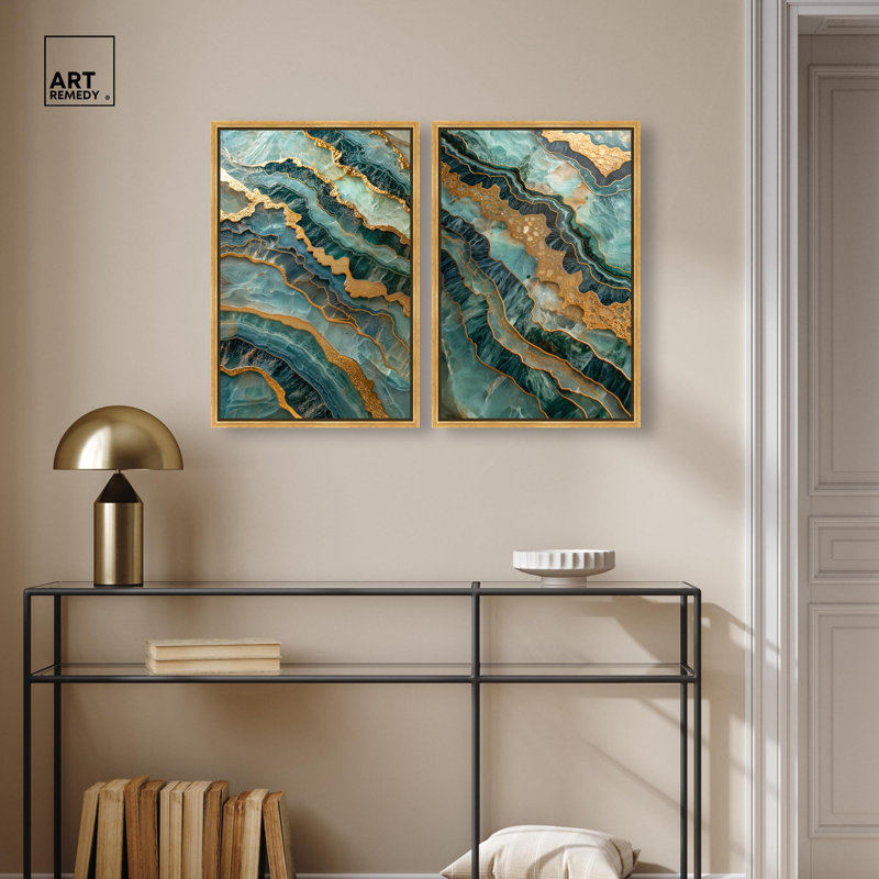 Ensemble de décoration murale « Gold Surge » sur toile avec géodes par Art Remedy, cadre noir, 10 x 15, 25" H x 17" W
