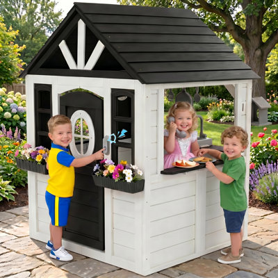 Kids Outdoor Playhouse with Play Kitchen, Working Doorbell & Bird Cage