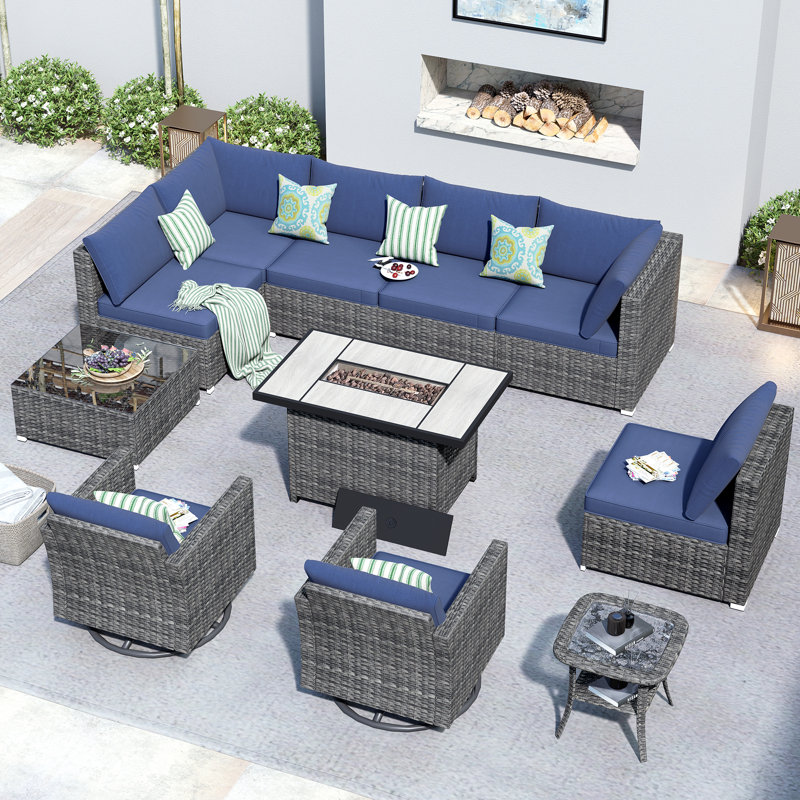 8 - Person Outdoor Patio Gray Wicker L-Shaped Sectional Sofa Set with Swivel Chairs & 2 Side Table,  Cushioned Rattan Conversation Furniture for Garden/Backyard