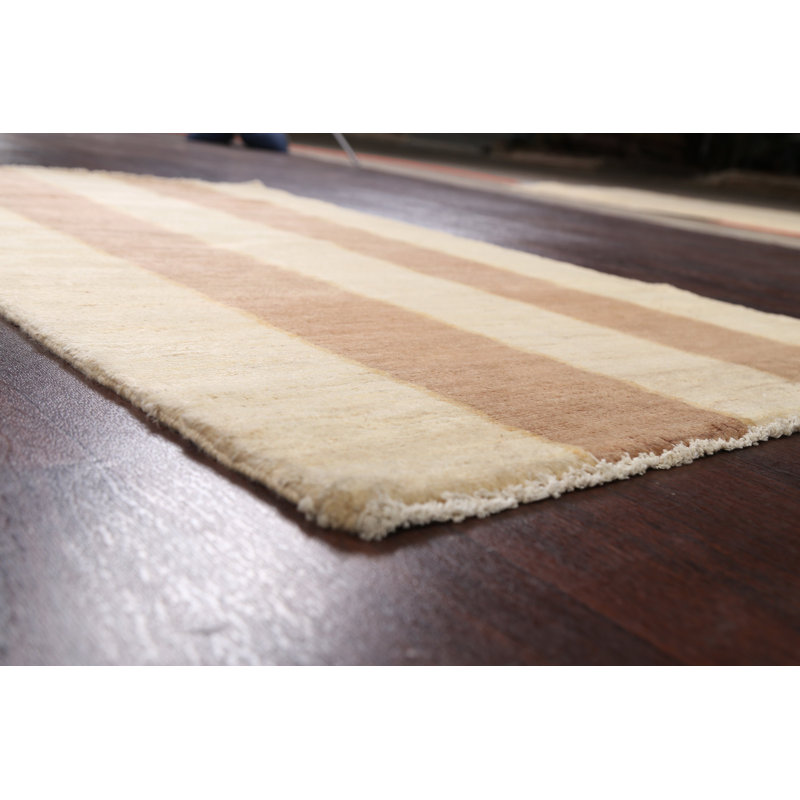 Tapis beige en laine noué à la main de conception unique 3 pi 2 po x 5 pi 3 po New Age
