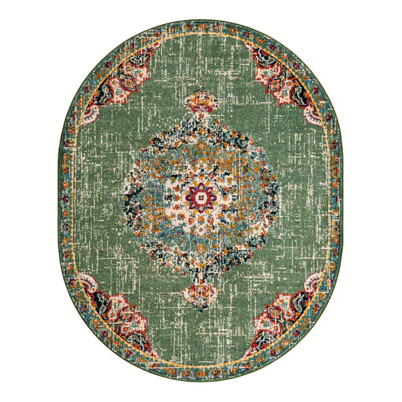 Galyean Abstract Green/Orange Area Rug, Oval 7'10" x 10'