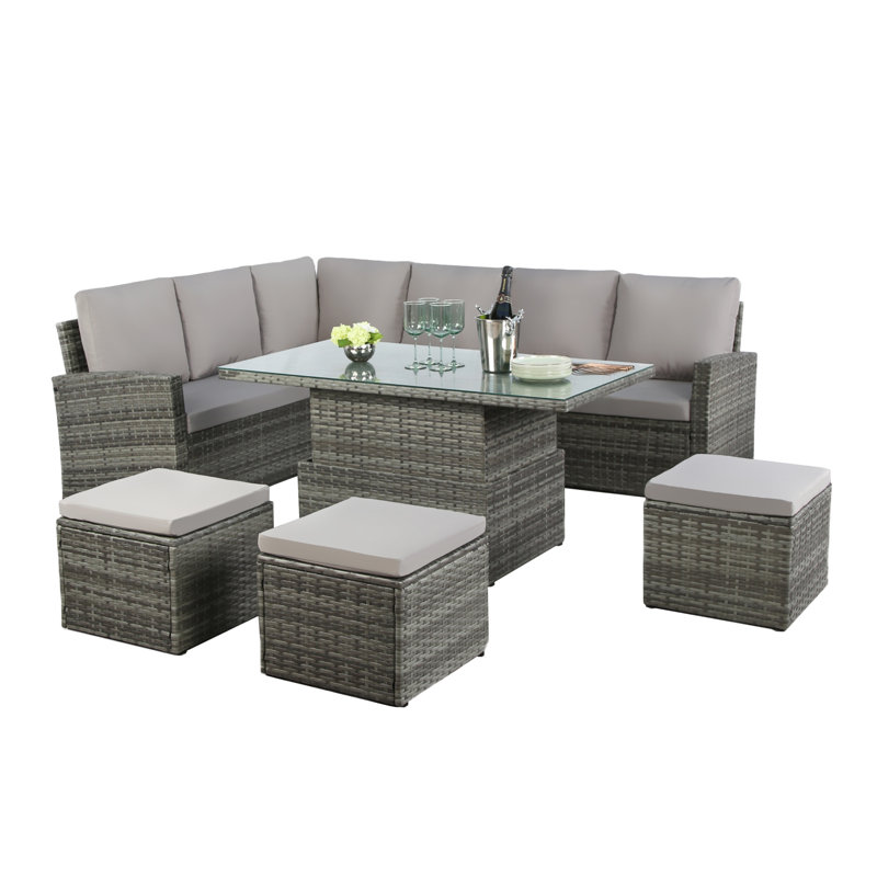 Pelias - Rattan Corner Sofa Set With Rising Table - 8 Seats, Grey, Grey