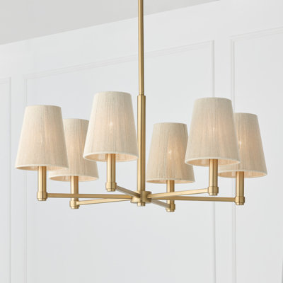 Lustre à 6 lumières de 28 po en laiton mat avec abat-jour en corde naturelle blanchie conique