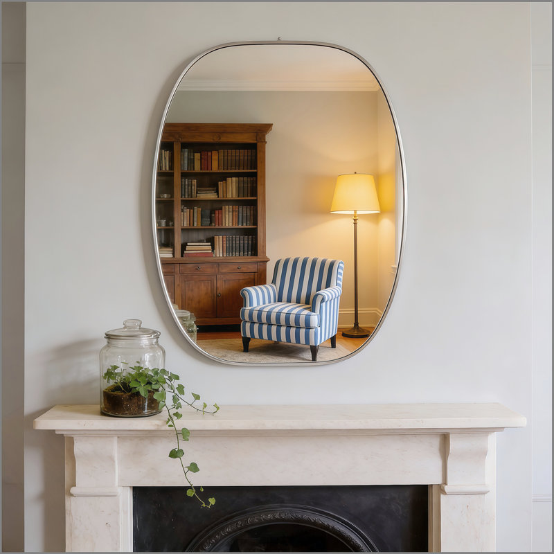 Miroir de salle de bain ovale 30 po x 40 po en métal argenté pour salle de bain, Argent