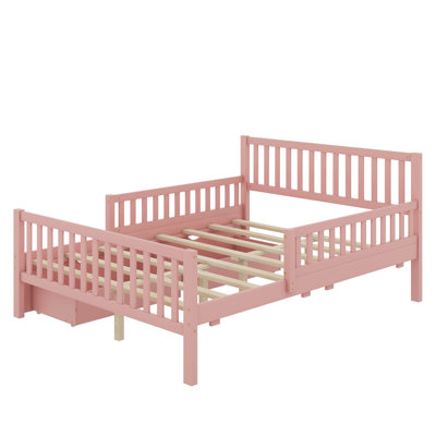 Lit plateforme double en bois avec garde-corps et 2 tiroirs