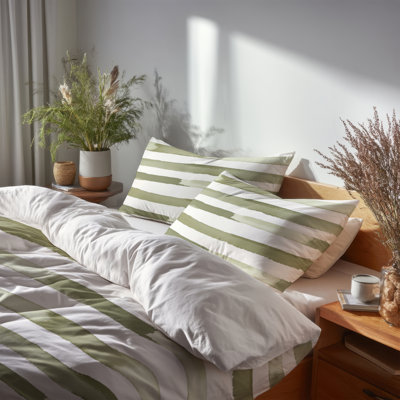 Ensemble d'édredon rayé 6 pièces - Ensemble de literie et coussin décoratif vert campagne et vert olive
